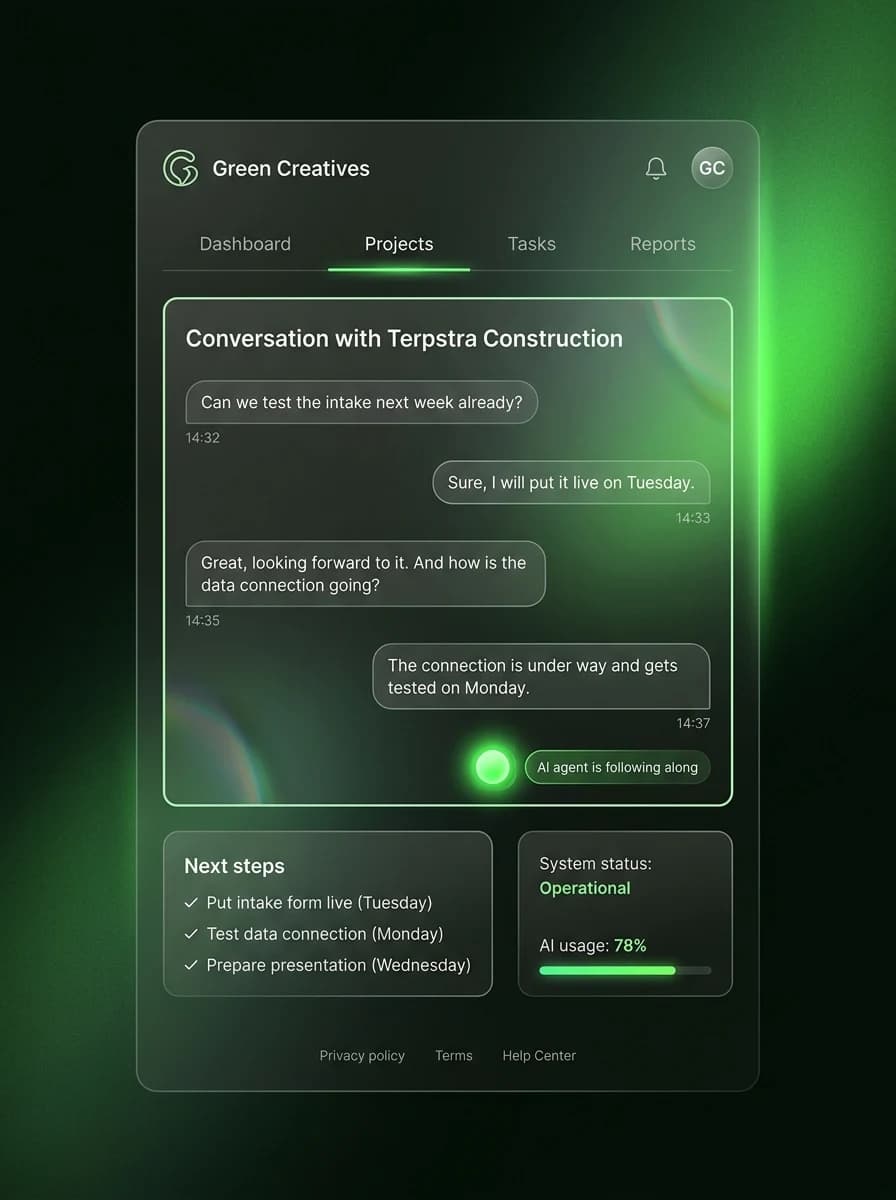 A conversation with a client in the portal, with an AI agent looking on.